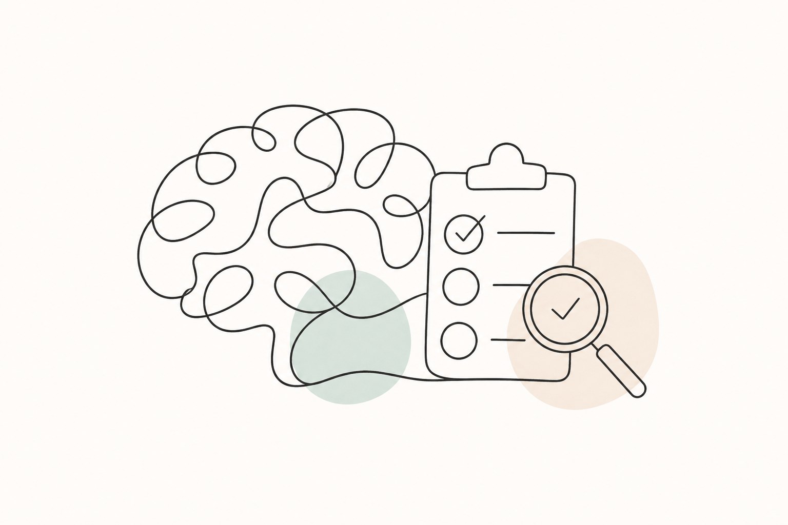 Minimalist illustration of a brain, checklist and magnifying glass representing IQ test reliability