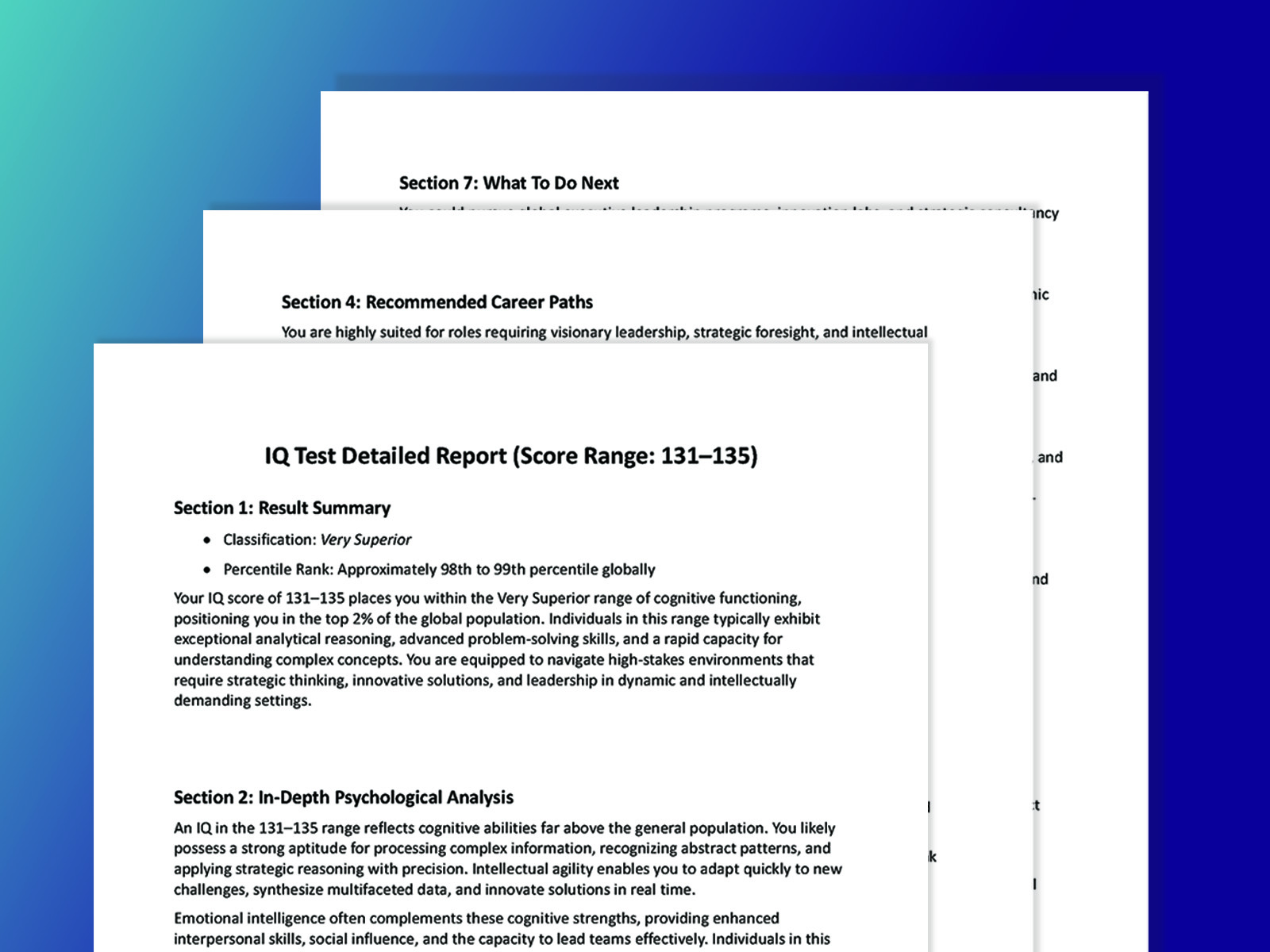 Preview of a MindLabIQ structured PDF self-assessment report