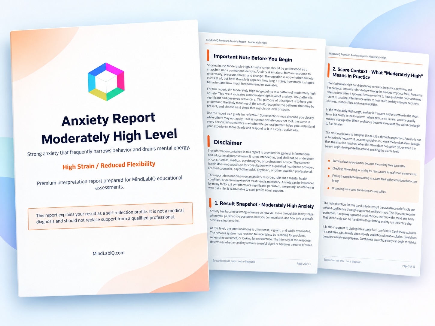 Sample anxiety self-check PDF report preview by MindLabIQ