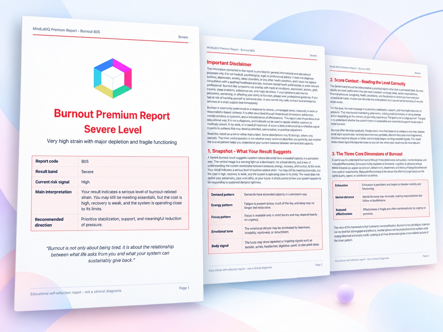 Sample burnout self-check PDF report preview by MindLabIQ