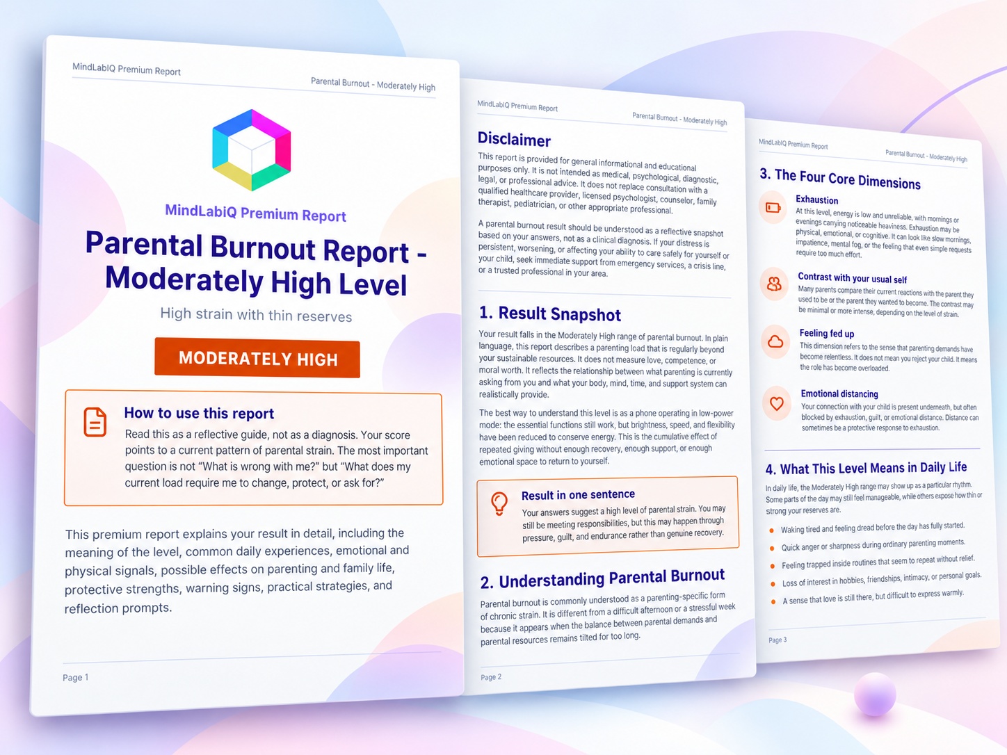 Sample parental burnout self-check PDF report preview by MindLabIQ