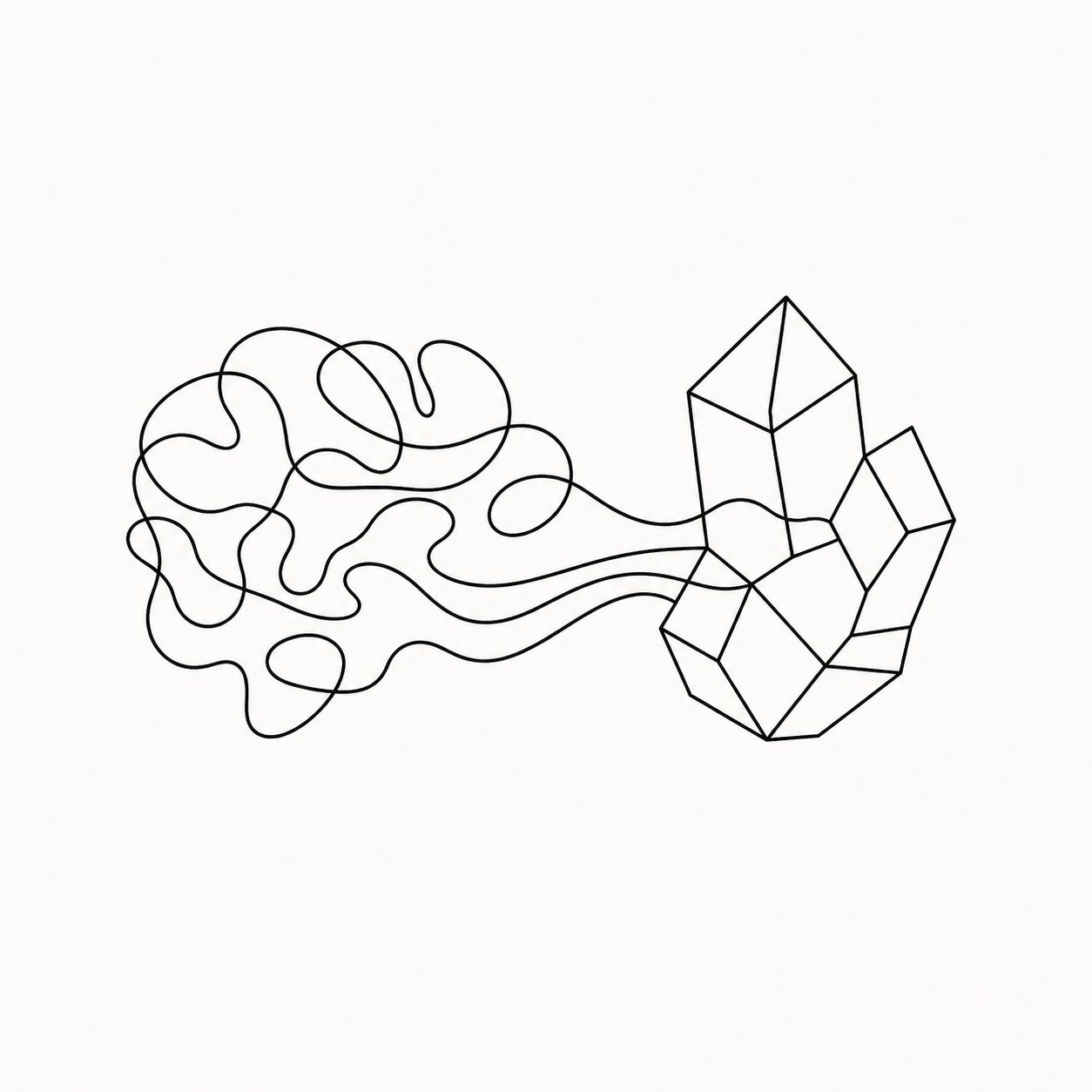Minimalist organic brain lines flowing into a geometric crystal
