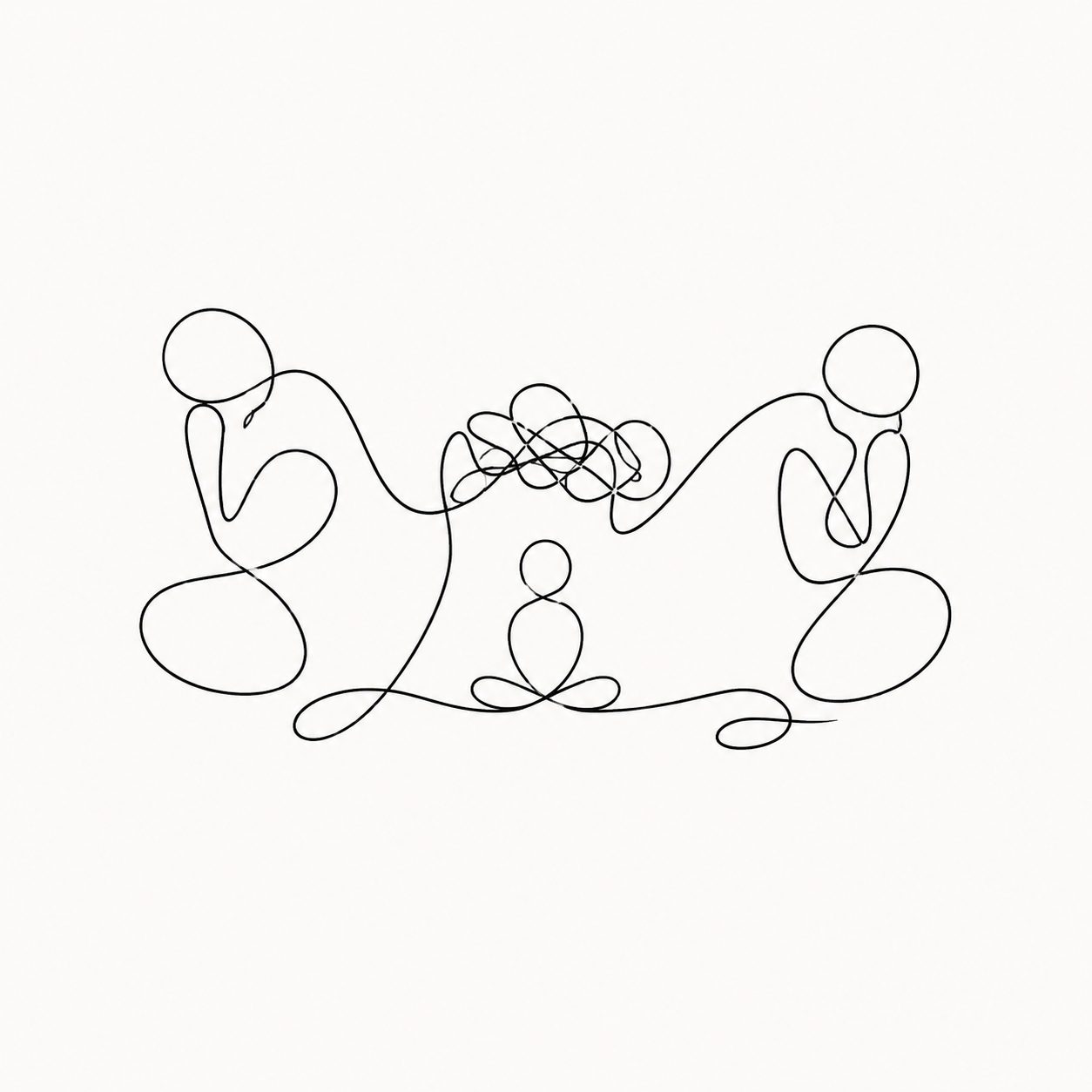 Minimalist family figures connected by tangled lines representing parental burnout