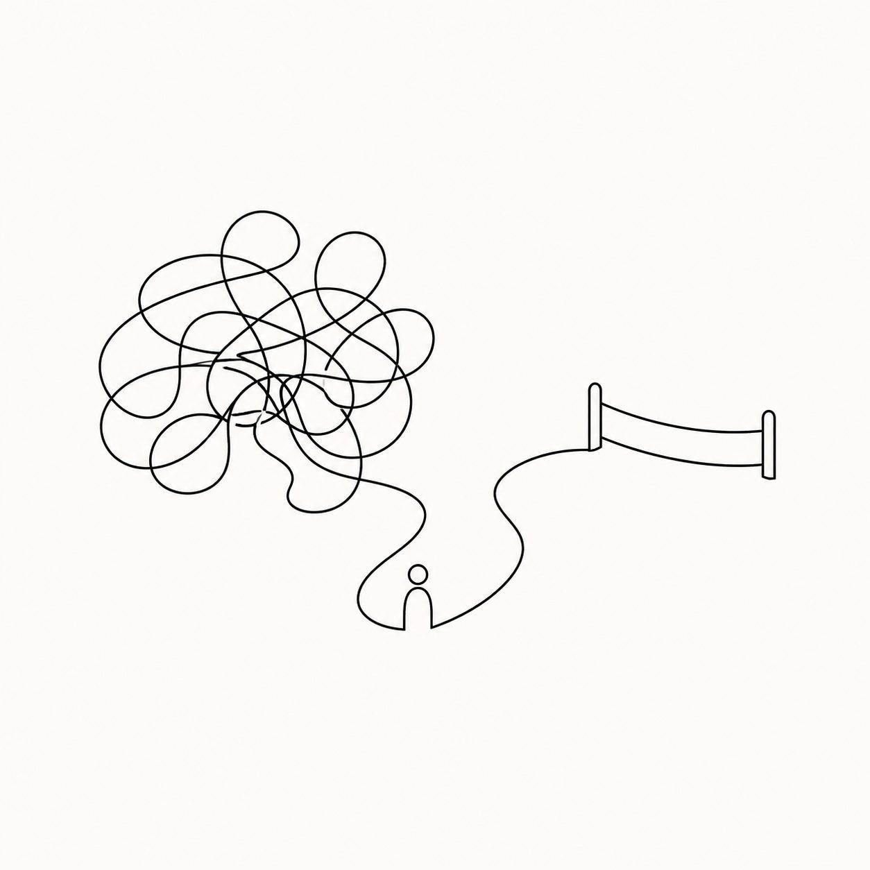 Minimalist figure facing tangled thoughts and a blocked path