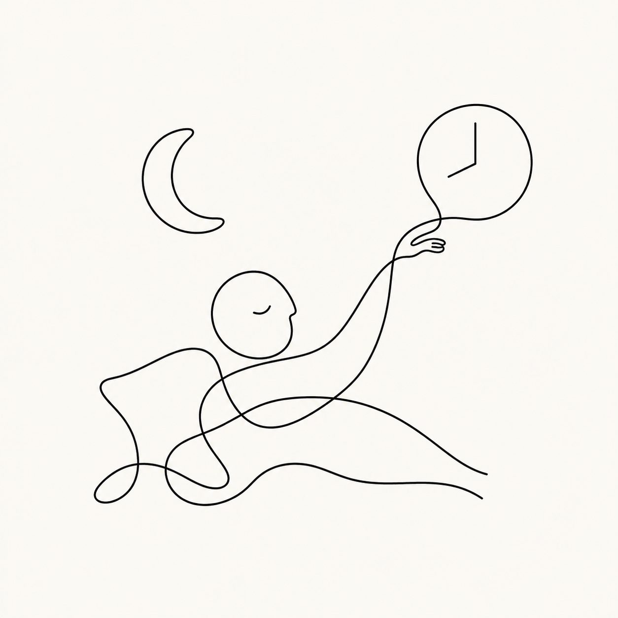 Minimalist figure delaying sleep beside a moon and clock