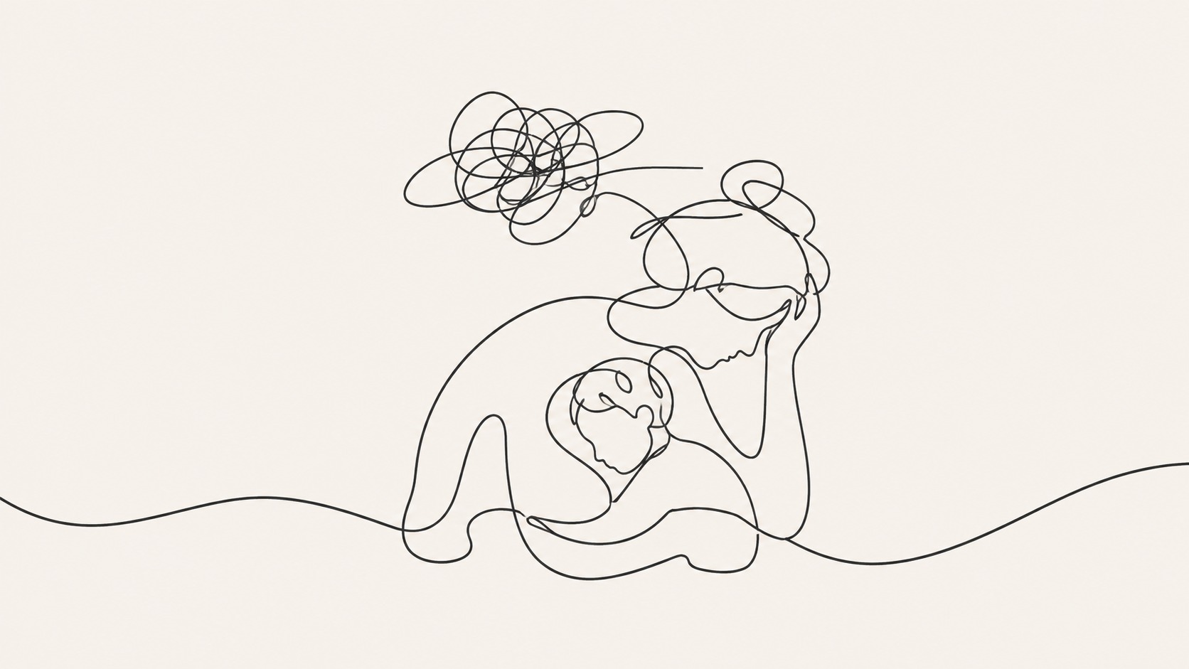 Minimalist line illustration of an exhausted parent comforting a child