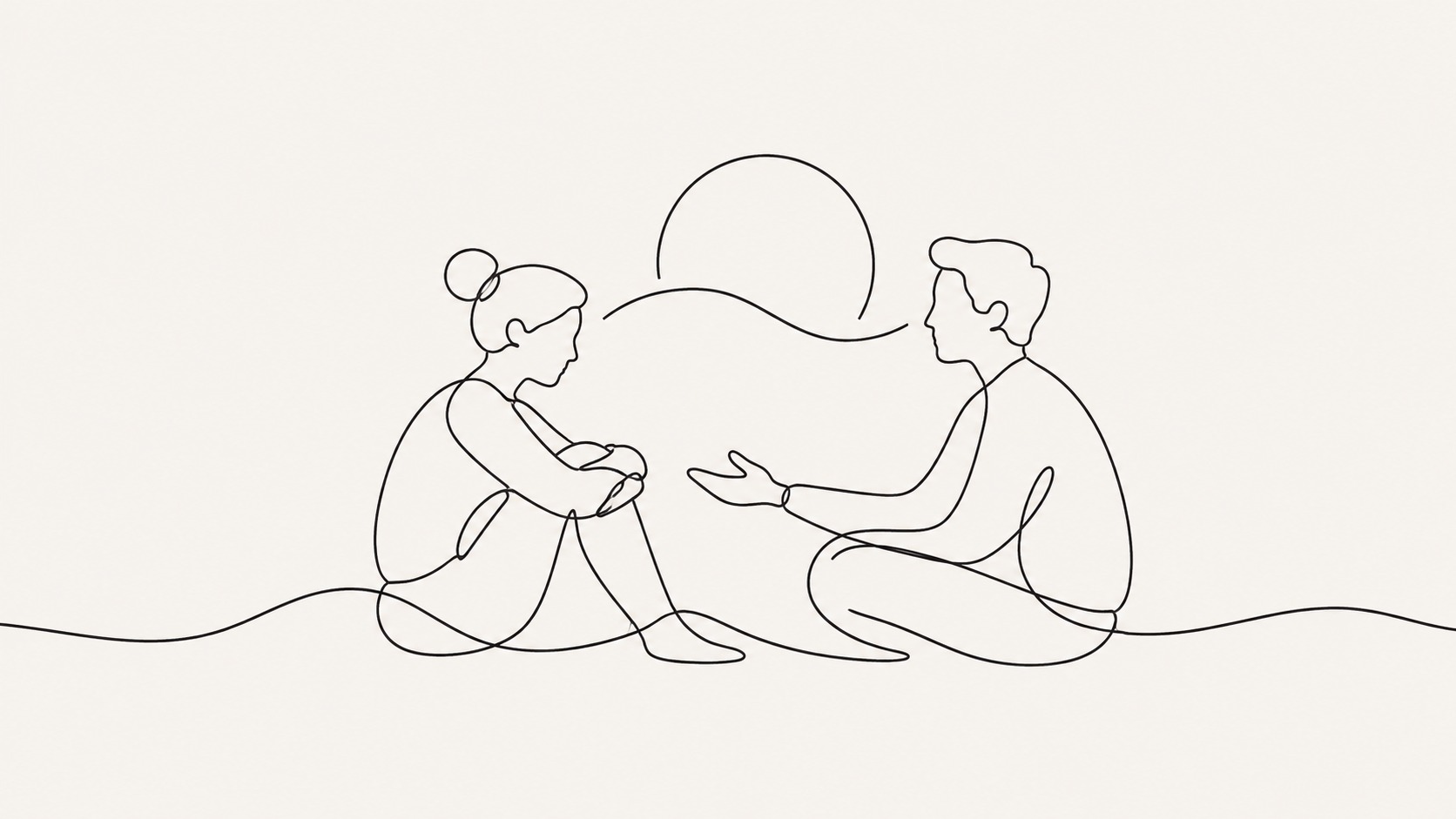 Minimalist line illustration of a supportive conversation about anxiety