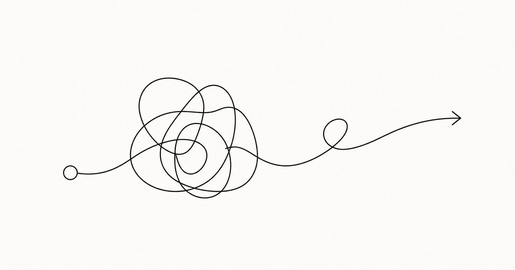 Minimalist tangled path and arrow representing difficulty starting tasks